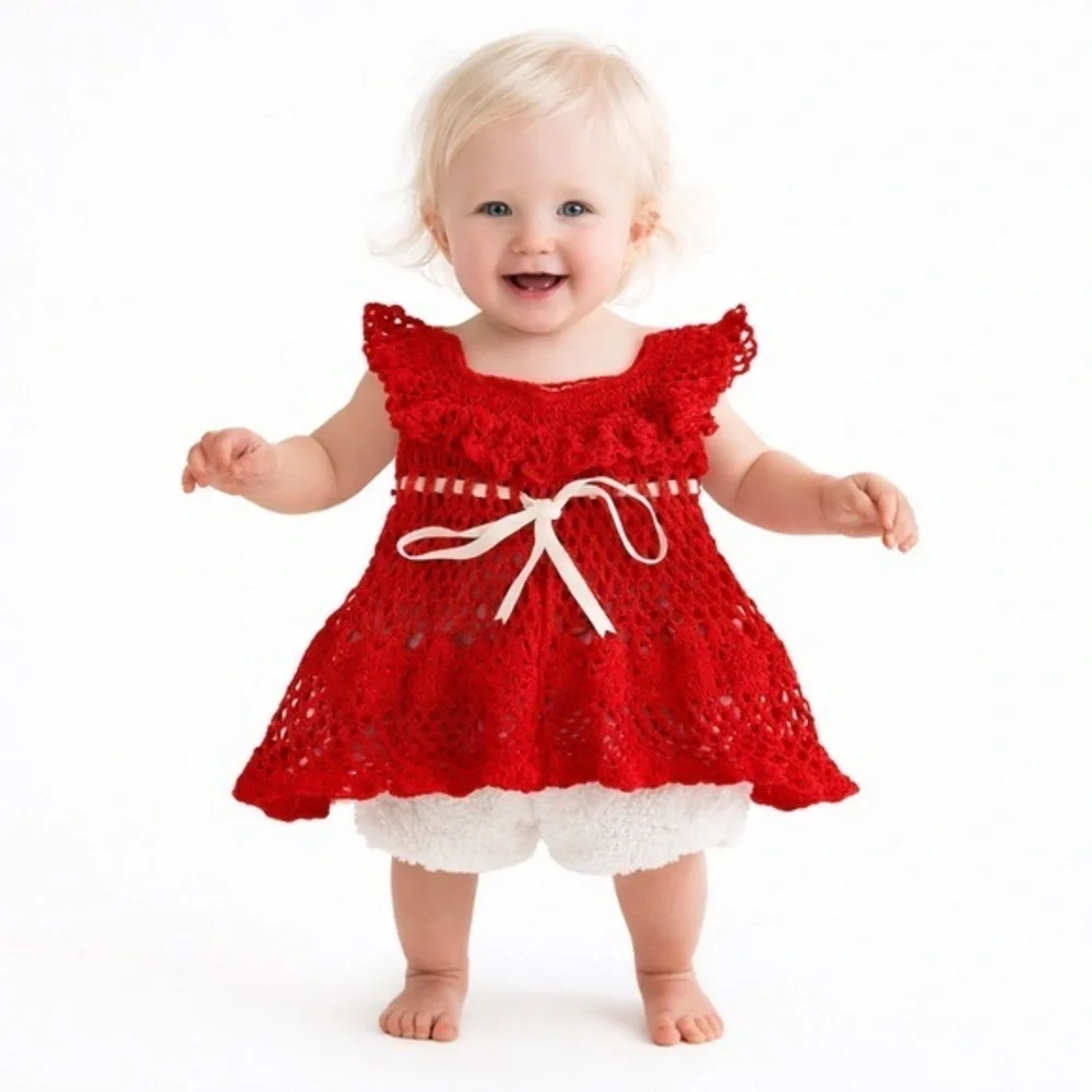 Handmade Red Crochet Baby Dress with Ribbon Bow Girls Kid Vintage Heirloom Style